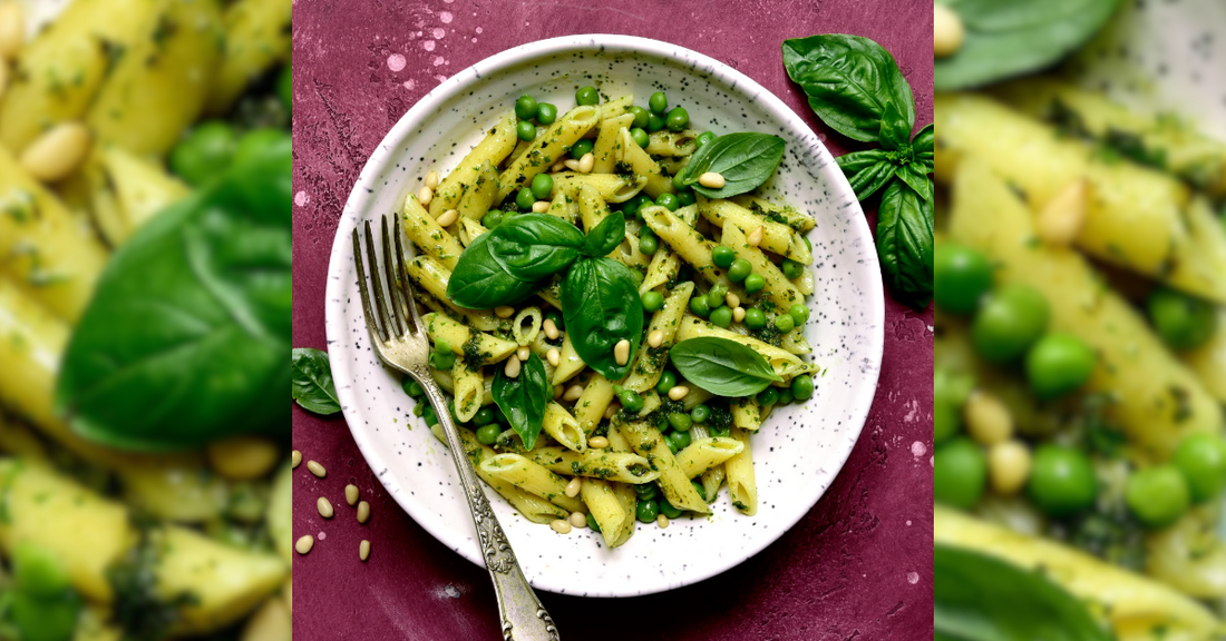 Green Pea Pasta with Herbal Infused Pesto